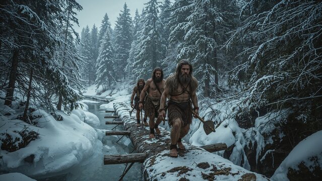 Crossing hunters balancing on snowy log bridge over stream in forest, carrying axe, spear and club - Powered by Adobe