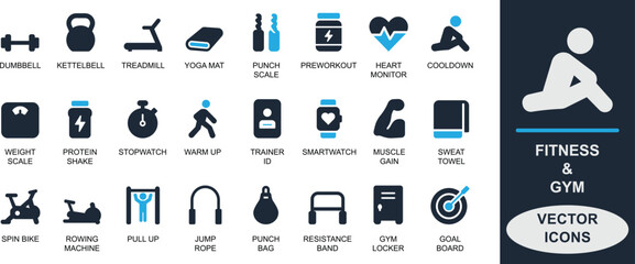 Modern fitness and gym icon set. Featuring minimal workout tools, training gear, and health symbols. Perfect for apps, UI, web, and sports branding projects.