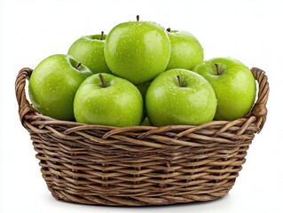 Green Apple Basket Isolated White Background - Overhead View with Depth of Field Blur - Clipping Path HD Render Fresh Fruit Still Life