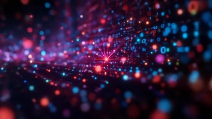 Futuristic digital data stream with binary code and glowing network connections - Powered by Adobe