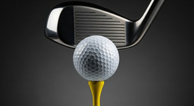 Close up of golf club head about to strike white golf ball on yellow tee sports