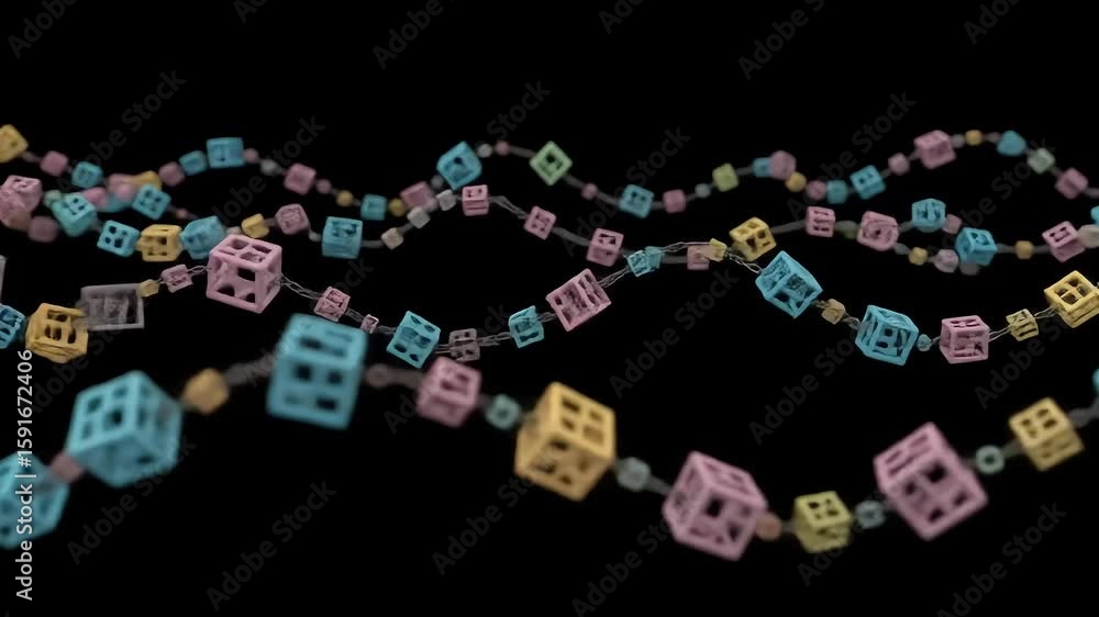 Poster colorful abstract 3d cubes floating in a dark space, creating a dynamic visual flow and depth