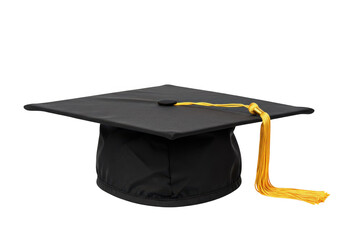 A black graduation cap with a gold tassel, isolated on a transparent background