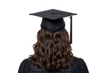 Back view of a person wearing a graduation cap and gown, isolated on transparent background