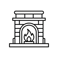 Stylized line art illustration of a brick fireplace with a warm flame isolated on white background