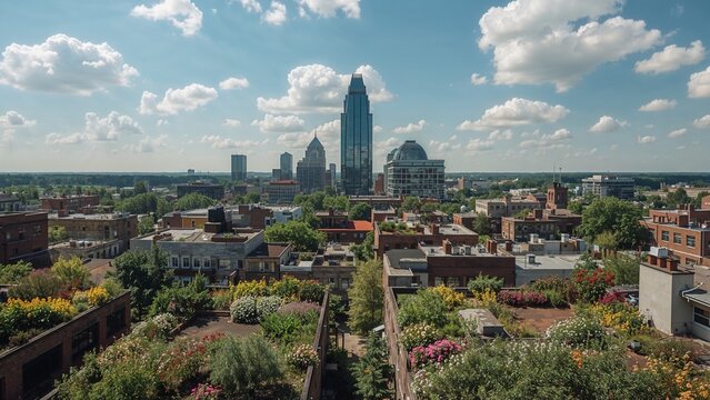 Featuring glass skyscraper rising above brick terraces with flowering rooftop gardens and trees - Powered by Adobe