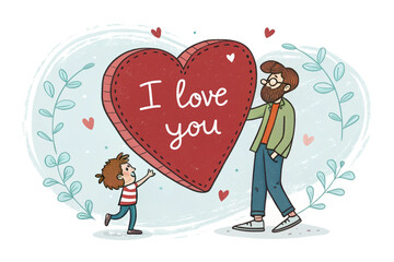 Father and Son Handshake with Heart &ndash; Touching Father&rsquo;s Day Card Vector Illustration