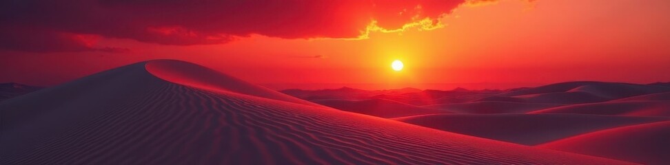 Crimson sun dips below sculpted sand, casting long shadows , beautiful, desert
