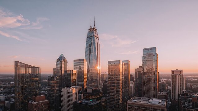 Rising central spire-topped skyscraper reflecting glow at downtown skyline, with glass-steel towers