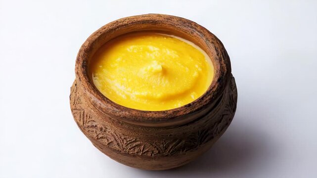 desi ghee or clarified butter in matki rotating on white background, 4k video