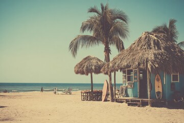 Tropical beach hut scene, vintage style