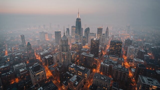 Spanning city skyline covering downtown at dusk, with spire-topped skyscraper and glowing avenues