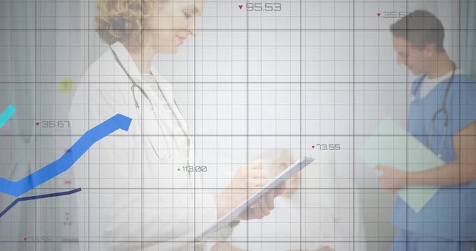 Physician scrolling tablet while nurse reviewing data with animated charts rising on hospital grid