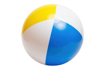 A colorful yellow, blue, and white beach ball rests on a plain transparent background