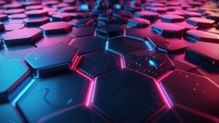 Obraz premium Futuristic Hexagonal Grid with Glowing Neon Lights Abstract AI Technology Background