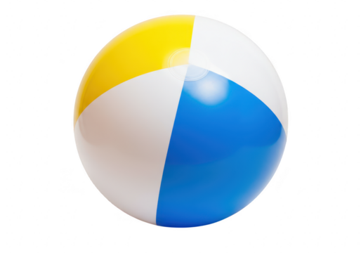 A colorful yellow, blue, and white beach ball rests on a plain transparent background - Powered by Adobe