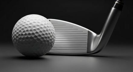 Close up of white golf ball and metal golf club on dark background sports equipment