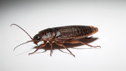 Resting elongated dark brown beetle revealing ribbed elytra details on smooth white tabletop