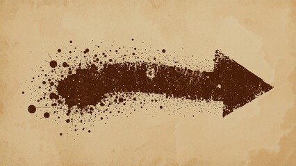 Displaying grungy dark brown paint splatter arrow pointing right on parchment backdrop, aged style