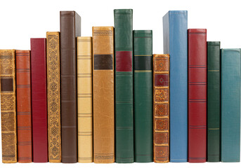 A row of vintage hardcover books with colorful spines standing upright isolated on a transparent background