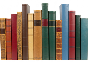 A row of vintage hardcover books with colorful spines standing upright isolated on a transparent background