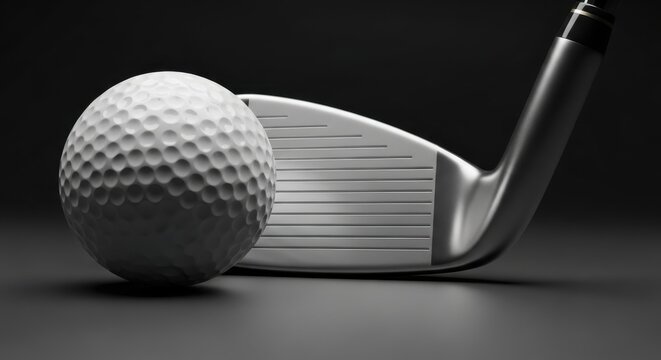 Close up of white golf ball and metal golf club on dark background sports equipment