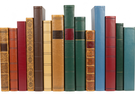A row of vintage hardcover books with colorful spines standing upright isolated on a transparent background