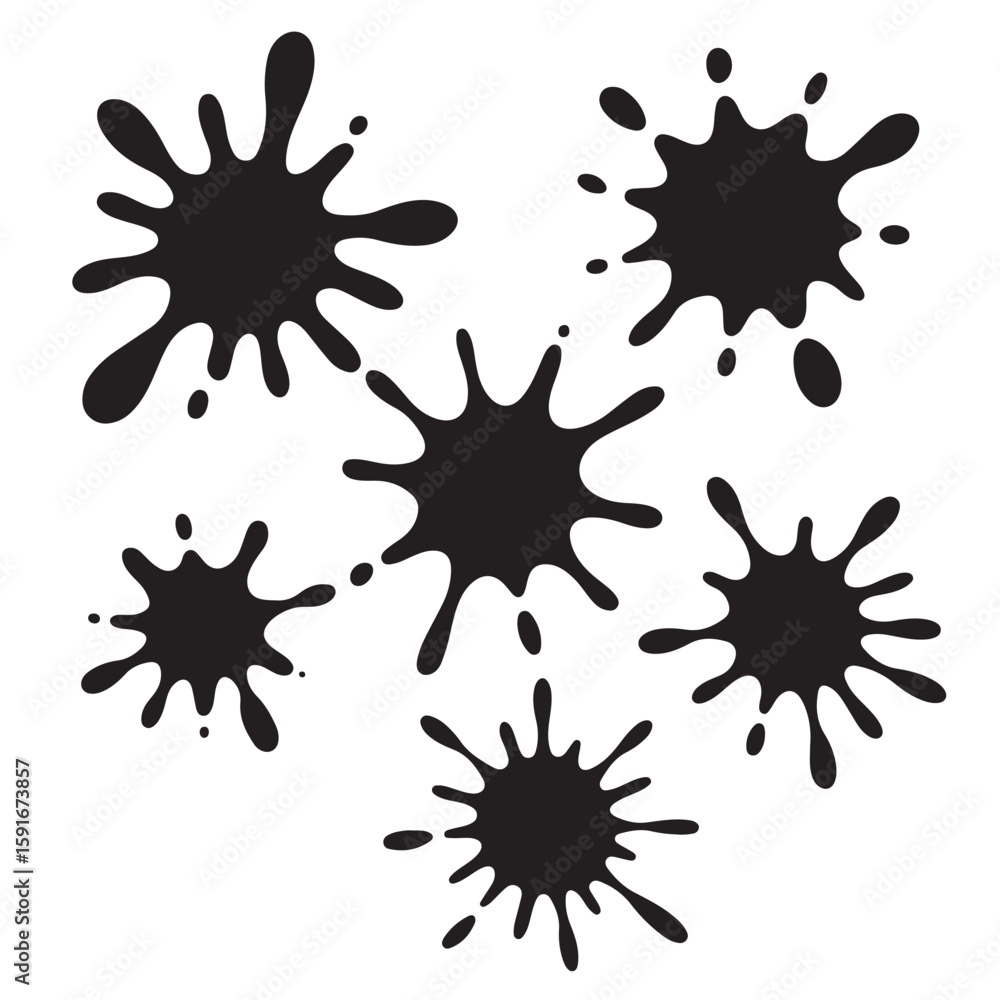 Poster a collection of six black ink splatters arranged on a white background in a scattered pattern design
