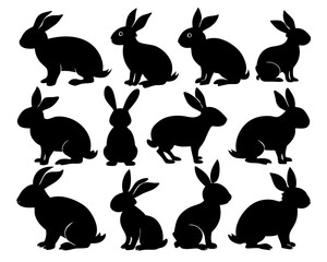 A set of rabbit silhouettes on a white background