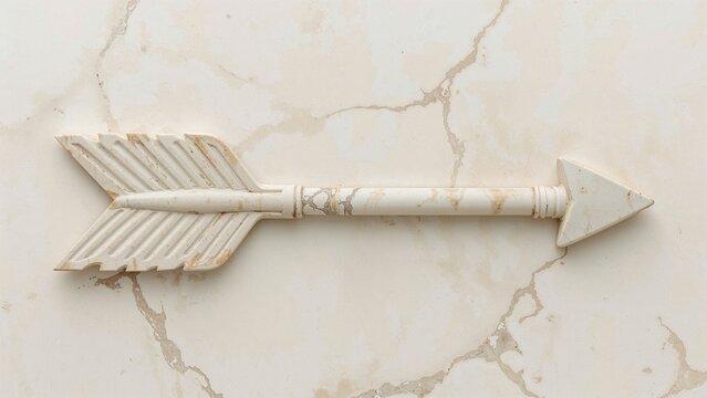 Resting decorative arrow on polished marble slab, with textured fletching and triangular head - Powered by Adobe