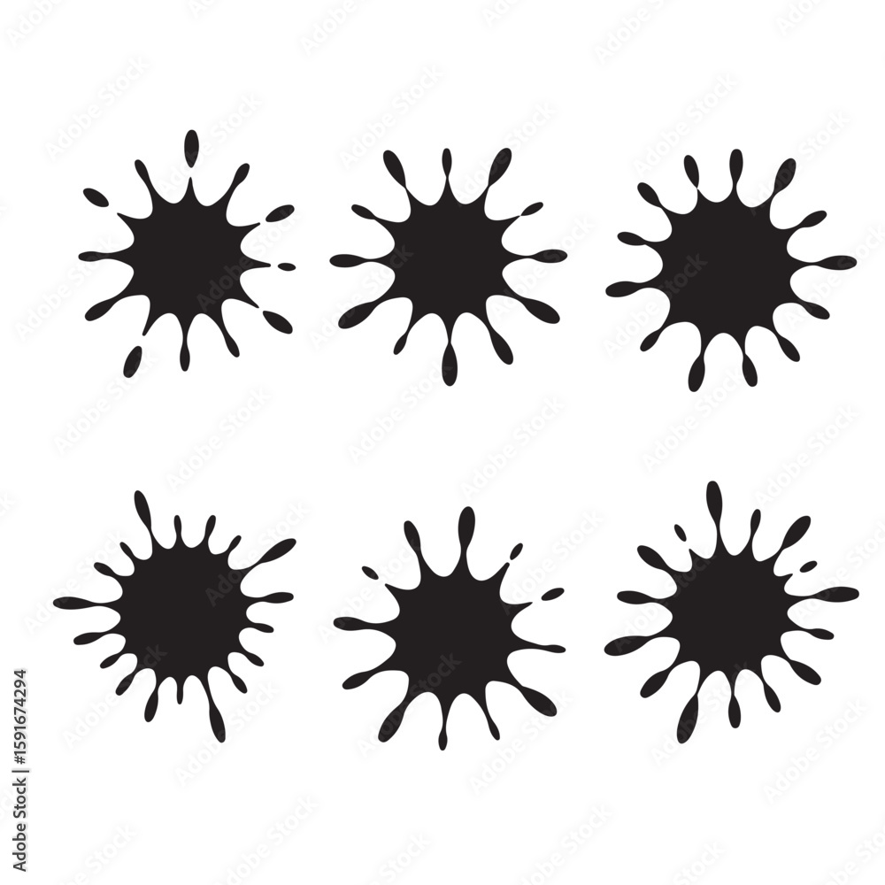 Poster a set of six black ink splatters arranged in a grid pattern on a plain white background design eleme