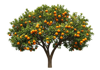 A mature orange tree abundant with bright, ripe oranges and vibrant green foliage isolated on transparent background