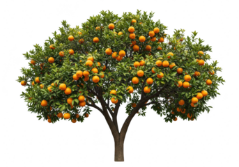 A mature orange tree abundant with bright, ripe oranges and vibrant green foliage isolated on transparent background
