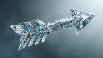 Floating faceted crystal arrow refracting light in hazy grey studio, prismatic flares on fletching