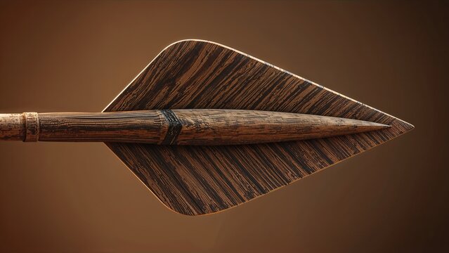 Resting handcrafted wooden arrow showing carved tip, shaft and flight on brown studio backdrop - Powered by Adobe