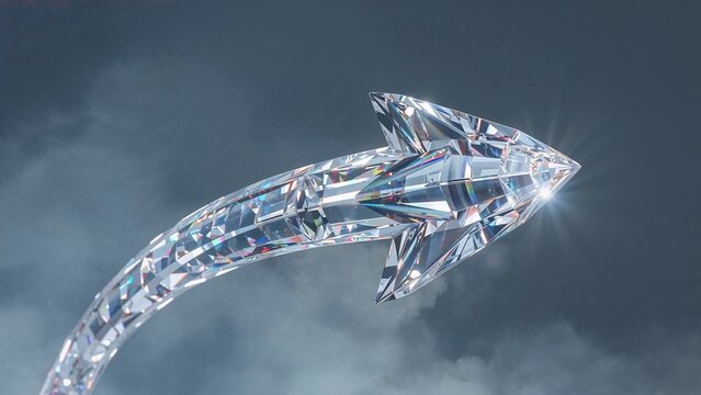 Arcing multi-faceted crystal arrow climbing across dark cloudy sky, reflecting prismatic light - Powered by Adobe