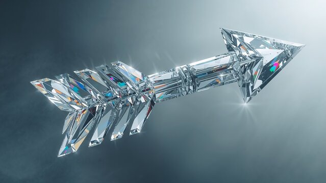 Floating faceted crystal arrow refracting light in hazy grey studio, prismatic flares on fletching - Powered by Adobe