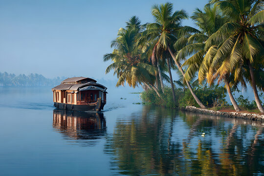 Houseboat navigating tranquil backwaters in a southern Indian region