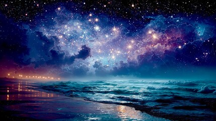 Night sky filled with stars illuminates ocean waves on a tranquil shoreline