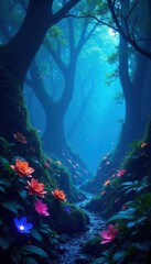 Obraz premium Glowing blue flora dominates alien jungle Lush, vibrant, otherworldly , background, bioluminescent