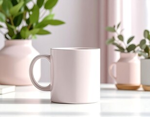 Serene setup featuring a pink mug, complemented by lush green plants and soft pink tones creating a peaceful ambiance.