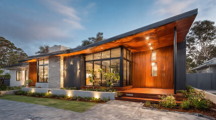 Side angle of contemporary home corner roof with visible thick insulation wrap beneath exterior cladding, rainwater drainpipe, and smart outdoor lighting, ...