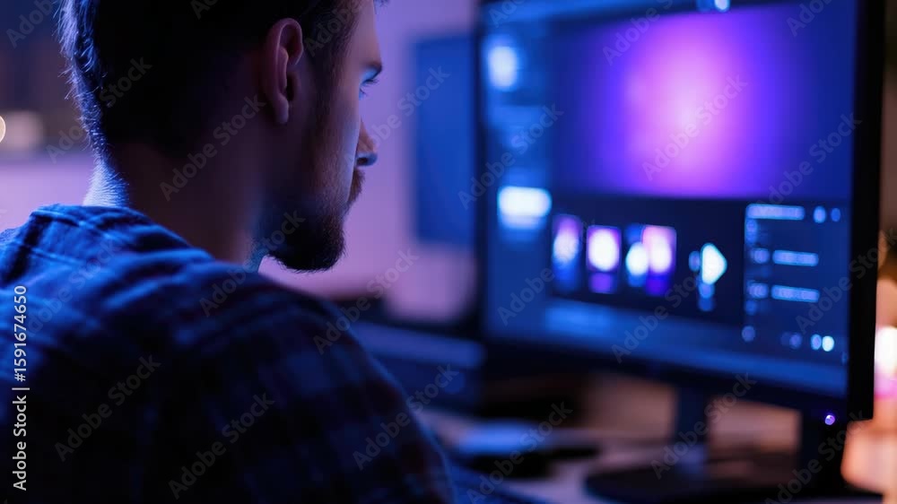 Poster a man immersed in an action-packed video game on a large computer monitor.