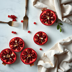 Flat Lay Of Pomegranate Halves With Decorative Cutlery And Linen