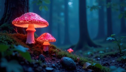 Fototapeta premium Glowing mushrooms and phosphorescent vines in deep woods, scenic, mushroom, forest