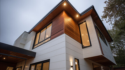 Side angle of contemporary home corner roof with visible thick insulation wrap beneath exterior cladding, rainwater drainpipe, and smart outdoor lighting, ...