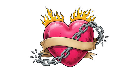 Isolated heart in chain with flame