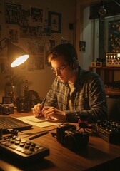  Young Content Creator with 1990s Aesthetic Using Vintage and Modern Gear for Social Media
