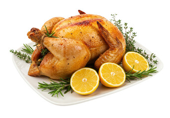 A perfectly roasted whole chicken garnished with fresh rosemary, thyme, and lemon slices, presented on a white plate, isolated on a transparent background