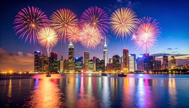 Magnificent fireworks explosion bursting in midnight sky above glittering city skyline, vibrant colors illuminating celebration 